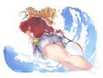  1girl ahoge amados artist_name ass ass_focus ball bike_shorts blonde_hair breasts brown_eyes cloud day drill_hair feet_out_of_frame holding holding_ball kanzuki_karin long_hair looking_at_viewer medium_breasts outdoors racket skirt sky solo street_fighter street_fighter_v tennis_ball tennis_racket watermark 