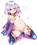  1girl armlet armor bangs bare_shoulders bikini_armor blush breasts closed_mouth collar earrings fate/grand_order fate_(series) hair_ribbon jewelry kama_(fate/grand_order) kneeling leaning_back licking_lips looking_at_viewer metal_collar nada_haruka petals pink_ribbon red_eyes ribbon short_hair silver_hair small_breasts smile thighlet thighs tongue tongue_out white_background 