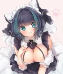  1girl :3 alternate_costume animal_ears aqua_eyes azur_lane black_hair blush breasts cheshire_(azur_lane) cleavage detached_sleeves dress enmaided eyebrows_visible_through_hair frills hand_on_own_chest highres large_breasts looking_at_viewer maid maid_headdress multicolored_hair paw_print puffy_sleeves ribbon seboneko short_hair skindentation smile solo streaked_hair thighhighs watery_eyes wrist_cuffs 