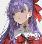  1girl alternate_hairstyle bangs bb_(fate)_(all) bb_(fate/extra_ccc) breasts chyoel earrings fate/extra fate/extra_ccc fate_(series) hair_ribbon highres jacket jewelry large_breasts long_hair long_sleeves looking_to_the_side neck_ribbon parted_bangs purple_eyes purple_hair red_jacket red_ribbon ribbon white_background 