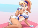  4:3 absurd_res anthro bodily_fluids eyeshadow female hi_res humor lagomorph leporid lola_bunny looking_at_viewer looney_tunes makeup mammal nylonlyon pinup pose rabbit reclining solo space_jam sweat warner_brothers 