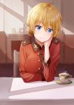 1girl absurdres bangs blonde_hair blue_eyes blurry blurry_background braid chair chin_rest closed_mouth commentary cup darjeeling_(girls_und_panzer) dated depth_of_field elbow_rest epaulettes eyebrows_visible_through_hair girls_und_panzer head_tilt highres indoors insignia jacket light_blush long_sleeves looking_at_viewer military military_uniform red_jacket saucer short_hair skylight_(user_cdwe8882) smile solo st._gloriana&#039;s_military_uniform steam table tea teacup tied_hair twitter_username uniform 
