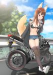  2019 absurd_res animal_humanoid bottomwear bra breasts brown_hair canid canid_humanoid cleavage clothed clothing cloud corin day female footwear hair hi_res humanoid jacket legwear looking_at_viewer mammal mammal_humanoid motorcycle navel outside road shoes shorts smile solo stockings topwear tree underwear vehicle 
