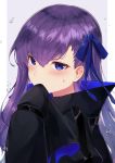  1girl bangs black_jacket blue_eyes blue_ribbon blush breasts covering_mouth fate/extra fate/extra_ccc fate_(series) high_collar highres itsumi_mita jacket long_hair long_sleeves looking_at_viewer meltryllis purple_hair ribbon simple_background sleeves_past_fingers sleeves_past_wrists white_background 