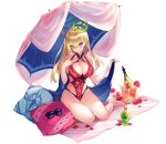  artist_request blonde_hair blush breasts cleavage dainsleif_(phantom_of_the_kill) earrings green_eyes green_nails hair_between_eyes highres jewelry large_breasts nail_polish open_mouth phantom_of_the_kill red_swimsuit stud_earrings swimsuit 