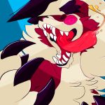  1:1 2018 ambiguous_gender anthro black_nose blue_background canid canine cheek_tuft chest_tuft claws facial_tuft fingers fur hair lycanroc mammal midnight_lycanroc nintendo open_mouth pok&eacute;mon pok&eacute;mon_(species) red_body red_fur sharp_teeth simple_background smadvil solo teeth tongue tongue_out tuft video_games white_body white_fur white_hair 