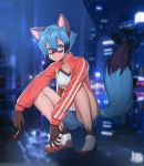  2020 anthro blue_eyes blue_hair bottomwear brand_new_animal breasts candy canid canine clothing corin crouching dipstick_tail female food footwear hair hi_res jacket lollipop looking_at_viewer mammal michiru_kagemori multicolored_tail photo_background raccoon_dog shoes short_hair shorts smile solo studio_trigger tanuki topwear 