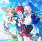  3girls aqua_eyes armor bangs bird blue_hair blush_stickers bow brown_hair clef_(rayearth) cliff closed_eyes cowboy_shot eyebrows_visible_through_hair forehead_jewel full_body futaba_hazuki glasses green_eyes hairband highres hououji_fuu leaf lips long_hair magic_knight_rayearth mokona multiple_girls open_mouth pleated_skirt red_bow red_eyes red_hair ryuuzaki_umi school_uniform shidou_hikaru short_hair skirt staff teeth 