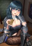 1girl absurdres armor bangs bench black_armor black_cape black_footwear black_shirt black_shorts blue_eyes blue_hair blush boots breasts brown_legwear byleth_(fire_emblem) byleth_(fire_emblem)_(female) cape chalkboard cleavage commentary_request cowboy_shot crossed_legs dagger elbow_on_knee emblem eyebrows_visible_through_hair fire_emblem fire_emblem:_three_houses hair_between_eyes hand_on_own_cheek hands_up head_tilt highres indoors knee_boots large_breasts lips looking_at_viewer medium_hair navel navel_cutout nemunemu_semi pantyhose parted_lips patterned_clothing shadow sheath sheathed shirt short_shorts short_sleeves shorts shoulder_armor sidelocks single_knee_pad sitting smile solo table taut_clothes taut_shirt vambraces wall weapon 