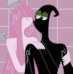  1boy 1girl adventure_time black_skin breasts long_hair nathaniel718 nergal_(billy_&amp;_mandy) nude pink_hair pink_skin princess_bonnibel_bubblegum self_upload shower_head showering the_grim_adventures_of_billy_&amp;_mandy wet wet_hair without_crown 