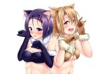  2girls animal_ear_fluff animal_ears blonde_hair blue_bra blue_gloves blush bra breasts brown_bra brown_gloves cat_ears cleavage elbow_gloves fur-trimmed_gloves fur_trim gloves hair_between_eyes hair_ornament hairclip harusame_kiruke highres momioka_risa multiple_girls navel open_mouth purple_eyes purple_hair red_eyes sairenji_haruna short_hair simple_background strapless strapless_bra to_love-ru underboob underwear upper_body wavy_mouth white_background 