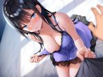  1girl absurdres bare_arms bare_shoulders bed_sheet black_hair blue_eyes blurry breasts cleavage clothes_pull collarbone depth_of_field dress dutch_angle highres large_breasts long_hair looking_at_viewer no_bra original parted_lips pov purple_dress shimashima08123 sidelocks sitting sleeveless sleeveless_dress solo_focus 