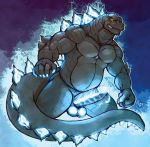  2019 5_fingers absurd_res alternate_version_at_source anthro balls bodily_fluids claws fingers genital_fluids genitals glans glowing glowing_balls glowing_claws glowing_eyes glowing_genitalia glowing_glans glowing_penis glowing_precum glowing_spikes godzilla godzilla_(series) grey_body grey_scales hi_res humanoid_genitalia humanoid_penis kaiju male muscular muscular_anthro muscular_male nude omegaro penis precum scales scalie sharp_teeth smile smirk solo spiked_tail spikes teeth toho yellow_eyes 