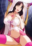  1girl ass_visible_through_thighs bangs bare_shoulders black_hair breasts bushidokuroi chest_tattoo cleavage collarbone dress facial_mark fate/extra fate/extra_ccc fate_(series) forehead_mark highres horn_ornament horn_ring horns large_breasts long_hair long_sleeves looking_at_viewer navel open_mouth panties parted_bangs pink_legwear pink_panties revealing_clothes sesshouin_kiara smile tattoo thighhighs thighs underwear veil wavy_hair white_dress wide_sleeves yellow_eyes 