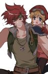  1boy 1girl :d agate_crosner belt belt_buckle blonde_hair blush buckle closed_mouth collarbone eiyuu_densetsu eyebrows_visible_through_hair facial_scar flying_sweatdrops gloves goggles goggles_on_head hat headband highres jewelry muscle necklace open_mouth red_hair scar shirt sidelocks simple_background sleeveless smile sora_no_kiseki sweatdrop tita_russell towtow_redoland v-shaped_eyebrows white_background 