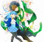  1boy 1girl ;d ascot_(rayearth) black_legwear black_pants blazer blue_eyes blue_hair blue_hairband blue_jacket blue_skirt breasts brown_hair dress_shirt earrings eyes_visible_through_hair floating_hair flower green_eyes hair_over_one_eye hairband iyutani jacket jewelry long_hair long_sleeves magic_knight_rayearth medium_breasts miniskirt neck_ribbon one_eye_closed open_blazer open_clothes open_jacket open_mouth pants pantyhose pleated_skirt purple_flower red_flower red_rose ribbon rose ryuuzaki_umi shiny shiny_hair shirt skirt smile very_long_hair white_background white_shirt yellow_flower yellow_ribbon 