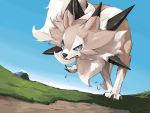  2020 4:3 ambiguous_gender black_claws blue_eyes brown_body brown_fur canid canine claws ear_markings facial_markings feral fur grass head_markings lycanroc mammal markings midday_lycanroc nintendo pink_inner_ear pok&eacute;mon pok&eacute;mon_(species) rock sky solo spikes tuft video_games white_body white_fur yunimaru_(artist) 