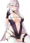  1girl absurdres arm_strap azur_lane bare_hips bare_shoulders black_gloves blue_eyes breasts center_opening criss-cross_halter gloves halter_dress halterneck highres kazuha_(saku_kn) large_breasts long_hair mole mole_under_eye navel race_queen revealing_clothes shoukaku_(azur_lane) shoukaku_(sororal_wings)_(azur_lane) sitting skindentation solo thighhighs white_hair 