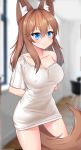  2020 animal_humanoid big_breasts blue_eyes blurred_background blush breasts brown_hair canid canid_humanoid corin female hair hand_behind_back hi_res humanoid inside long_hair mammal mammal_humanoid nipple_outline oversized_shirt smile solo window 