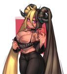  1girl absurdly_long_hair absurdres aife_(zana) black_horns black_pants blonde_hair blush borrowed_character breasts brown_hair cellphone choker cleavage dark_skin fuck-me_shirt goat_horns gyaru hair_on_horn highres holding holding_phone horns jewelry kelvin_hiu large_breasts long_hair looking_at_viewer meme_attire midriff multicolored_hair navel off-shoulder_sweater off_shoulder original pants phone pink_eyes pink_nails ring self_shot smartphone solo spaghetti_strap sun_tattoo sweater taking_picture tan tanline thick_thighs thighs twintails two-tone_hair very_long_hair 