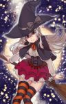  1girl alternate_costume bangs black_capelet black_headwear bow broom bustier capelet chaika_trabant closed_mouth dress_shirt floating_hair full_moon grey_bow hair_between_eyes hare_(haaale) hat hat_bow hitsugi_no_chaika layered_skirt long_hair miniskirt moon neck_ribbon orange_ribbon pleated_skirt red_eyes red_skirt ribbon shirt silver_hair sitting skirt smile solo star_(symbol) striped striped_legwear thighhighs very_long_hair white_shirt white_skirt witch witch_hat zettai_ryouiki 