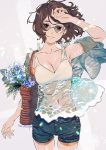  1girl bag brown_hair denim denim_shorts earrings flower glasses handbag highres jewelry light_particles looking_at_viewer nail_polish navel open_clothes open_shirt original short_hair shorts simple_background smile umishima_senbon 