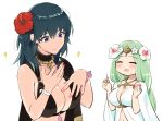  2girls bikini black_bikini blue_eyes blue_hair breasts byleth_(fire_emblem) byleth_(fire_emblem)_(female) cleavage closed_eyes closed_mouth fire_emblem fire_emblem:_three_houses fire_emblem_heroes flower green_hair hair_flower hair_ornament holding large_breasts long_hair multiple_girls nail_polish open_mouth rhea_(fire_emblem) simple_background smile swimsuit upper_body white_background yomusugara_(uzo-muzo) 