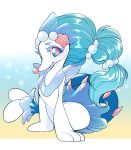  2017 accessory asterozoan blue_body blue_eyes blue_hair blush echinoderm eyebrows eyelashes female feral gem hair hair_accessory kiwibon long_hair mammal marine merfolk nintendo pearl_(gem) pink_nose pok&eacute;mon pok&eacute;mon_(species) primarina signature smile solo spikes starfish starfish_(accessory) video_games white_body 