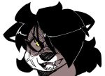  anaugi angry anthro black_hair black_nose canid canine canis domestic_dog fangs female hachimitsu hair hair_over_eye looking_at_viewer mammal one_eye_obstructed open_mouth scar simple_background solo tied_hair white_background yellow_eyes 