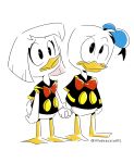  anatid anseriform avian beak bird bottomless bow_tie clothed clothing della_duck disney donald_duck duck ducktales ducktales_(2017) duo female hair hand_holding hat headgear headwear hi_res itsdetectiveliz male short_hair sibling simple_background white_background yellow_beak 