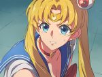  1girl bishoujo_senshi_sailor_moon blonde_hair blue_eyes blue_sailor_collar blush breasts chiharu_(9654784) choker circlet cleavage clenched_teeth commentary_request crescent crescent_earrings dated earrings hair_bun hair_intakes heart heart_choker highres jewelry long_hair looking_at_viewer red_choker sailor_collar sailor_moon sailor_moon_redraw_challenge sailor_senshi_uniform solo sweatdrop teeth tsukino_usagi upper_body 