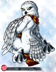  abstract_background anthro avian bird breasts bubo_(genus) butt clothed clothing covering covering_breasts female harry_potter hedwig hi_res kneeling looking_at_viewer looking_back looking_back_at_viewer non-mammal_breasts nude owl partially_clothed predaguy scarf sketch snowy_owl solo true_owl 