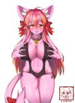  2019 bell bell_collar big_breasts breasts camel_toe collar corin domestic_cat felid feline felis female hand_on_breast hi_res looking_at_viewer mammal navel pink_body simple_background smile solo tongue tongue_out white_background 