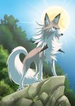  2016 black_nose blue_eyes brown_body brown_fur canid canine cheek_bulge chest_tuft claws day eyebrows fangs feral fluffy fluffy_tail fur hecatehell hi_res inner_ear_fluff lycanroc mammal midday_lycanroc nintendo pok&eacute;mon pok&eacute;mon_(species) solo spikes sun toes tree tuft video_games white_body white_fur 