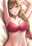  1girl :d armpits arms_up azukiman bangs bed_sheet blush bow bra braid breasts brown_eyes brown_hair cleavage collarbone commentary_request eyebrows_visible_through_hair from_above hair_bow hair_over_shoulder highres idolmaster idolmaster_shiny_colors kuwayama_chiyuki large_breasts long_hair looking_at_viewer lying navel on_back on_bed open_mouth pink_bow pink_bra single_braid smile solo stomach underwear underwear_only upper_body 