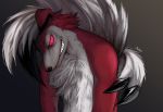  2020 ambiguous_gender anthro black_body black_fur black_nose canid canine chest_tuft countershade_torso countershading fur glowing glowing_eyes grey_background hair hi_res jyan_(artist) looking_at_viewer lycanroc mammal midnight_lycanroc nintendo pok&eacute;mon pok&eacute;mon_(species) red_body red_eyes red_fur ringed_eyes sharp_teeth simple_background smile teeth tuft video_games white_body white_countershading white_fur white_hair 
