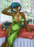  2020 5_fingers anthro bed bed_sheet bedding bedroom_eyes blue_hair blurred_background bracelet breasts brown_body brown_fur caribou_(artist) cleavage clothed clothing colored_nails countershading detailed_background digital_media_(artwork) dress eyebrows eyelashes female fingers fur furniture green_clothing green_dress hair hand_in_hair inside jewelry leaning leaning_back long_tail looking_at_viewer love_handles lutrine mammal mustelid nails narrowed_eyes necklace partially_clothed photo_background pillow ribbons seductive sitting smile solo touching_hair turquoise_hair white_countershading wide_hips window 
