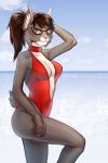  2020 absurd_res alex_(firefox42) anthro beach black_body black_fur black_hair blue_sky breasts butt clothed clothing cloud collar dactrie day detailed_background eyewear facial_tuft felid feline female fur glasses hair hi_res inner_ear_fluff looking_at_viewer lynx mammal medium_breasts nonbinary_(lore) one-piece_swimsuit outside pink_nose ponytail seaside short_tail sky solo swimwear tuft water white_body white_fur yellow_eyes 