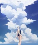  1girl 2020 absurdres aoi_kao_(lsz7106) bangs blue_eyes blue_sky blue_swimsuit breasts cloud date_a_live eyebrows_visible_through_hair floating_hair hair_between_eyes highres looking_back medium_breasts medium_hair outdoors school_swimsuit silver_hair sky solo standing swimsuit tobiichi_origami 