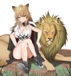  2020 absurd_res animal_humanoid arknights blonde_hair breasts candy cleavage clothed clothing collar corin duo felid felid_humanoid female feral food footwear grass hair hi_res humanoid jacket lion lion_humanoid lollipop looking_at_viewer mammal mammal_humanoid mane pantherine pantherine_humanoid shirt shoes siege_(arknights) sitting spiked_collar spikes tank_top topwear yellow_body yellow_eyes 