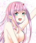  1girl :d absurdres aqua_eyes armpits bangs blush breasts convenient_arm darling_in_the_franxx eyebrows_visible_through_hair floating_hair hair_censor hair_over_breasts highres horns long_hair medium_breasts nude open_mouth pink_hair ri_qing shiny shiny_hair smile solo upper_body very_long_hair zero_two_(darling_in_the_franxx) 