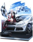  1girl absurdres alternate_costume azur_lane black_choker black_footwear black_gloves black_leotard blue_eyes blue_sky boots breasts car checkered checkered_flag choker cleavage cloud collarbone elbow_gloves english_commentary flag flagpole gloves ground_vehicle hair_over_one_eye high_heel_boots high_heels highres holding holding_flag large_breasts leg_garter leotard looking_at_viewer motor_vehicle multicolored_hair odin_(azur_lane) on_vehicle pink_hair race_queen short_hair_with_long_locks sidelocks silver_hair single_elbow_glove single_thighhigh sitting sky solo streaked_hair thigh_strap thighhighs tire twitter_username two-tone_leotard usatorii white_background white_leotard 
