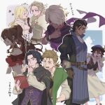  4boys 4girls alfyn_greengrass ascot backpack bag bandaged_arm bandages black_hair black_hat black_vest blonde_hair blood blood_on_face book brown_eyes brown_gloves brown_hair brown_tunic brown_vest cape closed_eyes commentary_request covered_navel cropped_shirt cyrus_albright dancer dress earrings everyone facial_hair feather_earrings feathers floating_clothes flying_sweatdrops fur_cape gem gloves gold_earrings gold_trim green_eyes green_jacket grey_cape grey_streaks h&#039;aanit_(octopath_traveler) hair_between_eyes hair_over_one_eye hair_slicked_back hand_on_another&#039;s_shoulder hand_on_own_chin hand_on_own_hip hat hat_feather height_difference highres holding holding_book hoop_earrings jacket jewelry jitome long_hair looking_down low_ponytail mature_male merchant mo_(user_jeyg3777) multiple_boys multiple_girls necklace octopath_traveler octopath_traveler_i off_shoulder olberic_eisenberg one_eye_closed open_book open_mouth ophilia_clement parted_bangs ponytail primrose_azelhart profile puffy_short_sleeves puffy_sleeves purple_eyes purple_gemstone purple_poncho purple_scarf purple_vest reading red_eyes red_shirt scarf shirt short_hair short_ponytail short_sleeves sleeveless sleeveless_jacket smile therion_(octopath_traveler) translation_request tressa_colzione tunic vest white_ascot white_background white_cape white_dress white_hair white_shirt yellow_eyes 