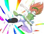  1girl black_shoes blue_eyes bouncing_breasts breasts clenched_hand commentary_request floating_hair flying_kick foreshortening full_body green_hat green_skirt green_vest hat highres hong_meiling kicking kurachi_mizuki large_breasts long_hair looking_at_viewer open_mouth pants pants_under_skirt partial_commentary puffy_short_sleeves puffy_sleeves rainbow red_hair shirt shoes short_sleeves skirt solo touhou unaligned_breasts vest white_background white_pants white_shirt 