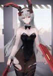  1girl animal_ears black_leotard breasts covered_navel danraz0r fake_animal_ears girls&#039;_frontline girls&#039;_frontline_2:_exilium grey_hair highres krolik_(girls&#039;_frontline_2) leotard mechanical_ears pantyhose playboy_bunny rabbit_ears small_breasts solo tactical_playboy_bunny torn_clothes torn_pantyhose 