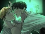  2boys arm_up bare_pectorals black_pants blonde_hair brown_eyes brown_hair collarbone collared_shirt commentary_request curtained_hair erwin_smith eye_contact flower hand_on_another&#039;s_face highres leaning leaning_back levi_(shingeki_no_kyojin) looking_at_another male_focus multicolored_hair multiple_boys open_clothes open_shirt pants parted_lips pectorals profile shingeki_no_kyojin shirt short_sideburns sweat thick_eyebrows tsuru_ta two-tone_hair vase white_shirt yaoi 