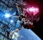  3d cape cloud commentary_request crossbone_gundam crossbone_gundam_x-1 crossbone_vanguard earth_(planet) gundam hiropon_(tasogare_no_puu) in_orbit jolly_roger machinery mecha mecha_focus mobile_suit no_humans ocean photo_background planet realistic robot roundel science_fiction shot_lancer solar_panel_wings space thrusters vernier_thrusters zero_gravity zondo_gei 