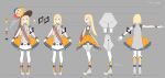  1girl absurdres artist_name bang_dream! blonde_hair color_guide dress full_body grey_background grey_shoes grey_shorts halo_(yumenokessho) hat highres long_hair multiple_views official_art orange_hat pantyhose reference_sheet shoes shorts smiley_face standing synthesizer_v top_hat translation_request tsurumaki_kokoro yellow_eyes yumenokessho 