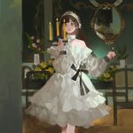  1girl aristocratic_clothes brown_hair candle chair dress flower frilled_dress frills green_eyes hairband highres holding_matchstick indoors long_sleeves medium_dress original painterly shachang solo table vase white_dress 