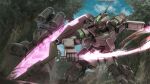  absurdres artist_request battle blue_sky cloud cloudy_sky duel dust_cloud earth_federation energy_sword forest glowing gundam gundam_msv highres machinery mecha mecha_focus mobile_suit nature no_humans official_art promotional_art rainforest realistic red_rider_(mobile_suit) robot science_fiction sky smoke sword thrusters tree weapon z&#039;gok zeon 